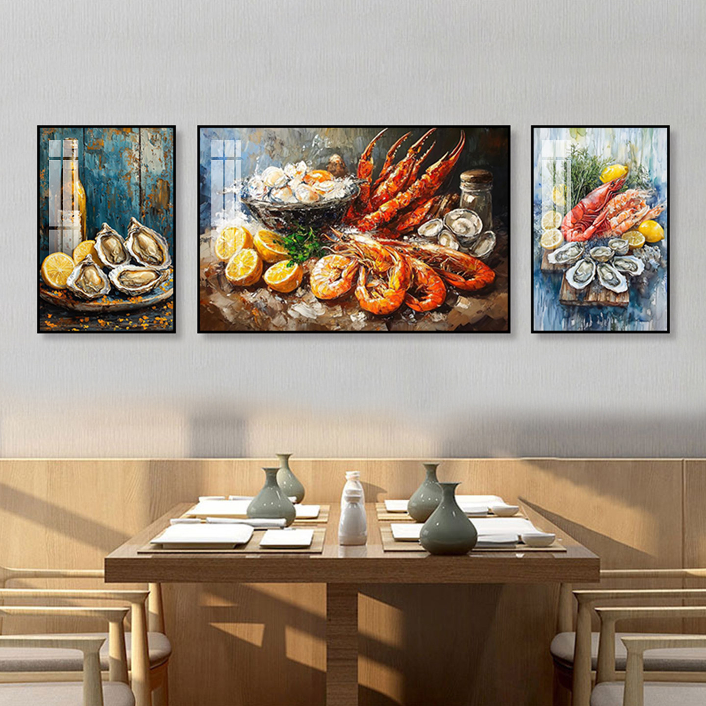 海鲜餐厅装饰画龙虾螃蟹生蚝油画挂画水产店饭店酒店大排档壁画