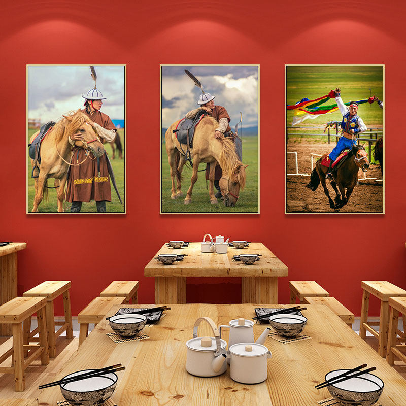 内蒙古装饰画餐厅饭店骑马射箭摔跤挂画酒店民宿背景墙民族风壁画