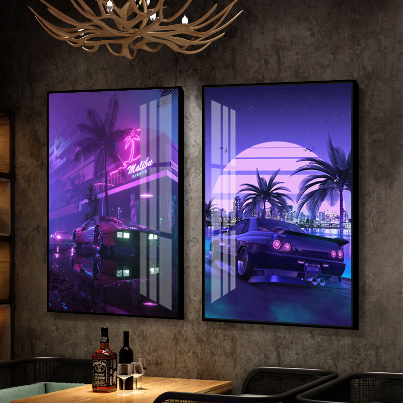 夜店酒吧前台挂画迈阿密蒸汽波风格装饰画音乐餐吧ktv霓虹灯壁画