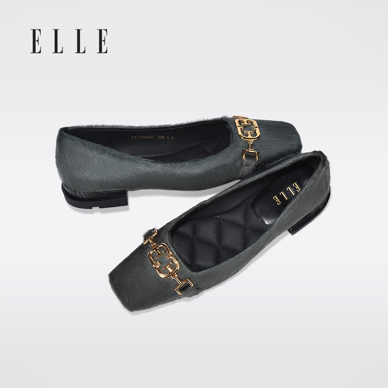 elle【胎羊毛】舒适软底浅口单鞋女2022秋夏季新款方头复古平底鞋