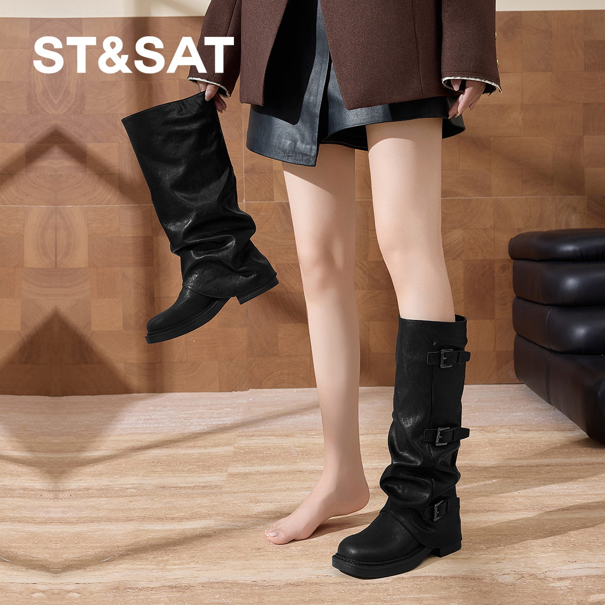 星期六长筒靴女2025新款秋冬复古加绒西部靴褶皱堆堆裤管靴骑士靴