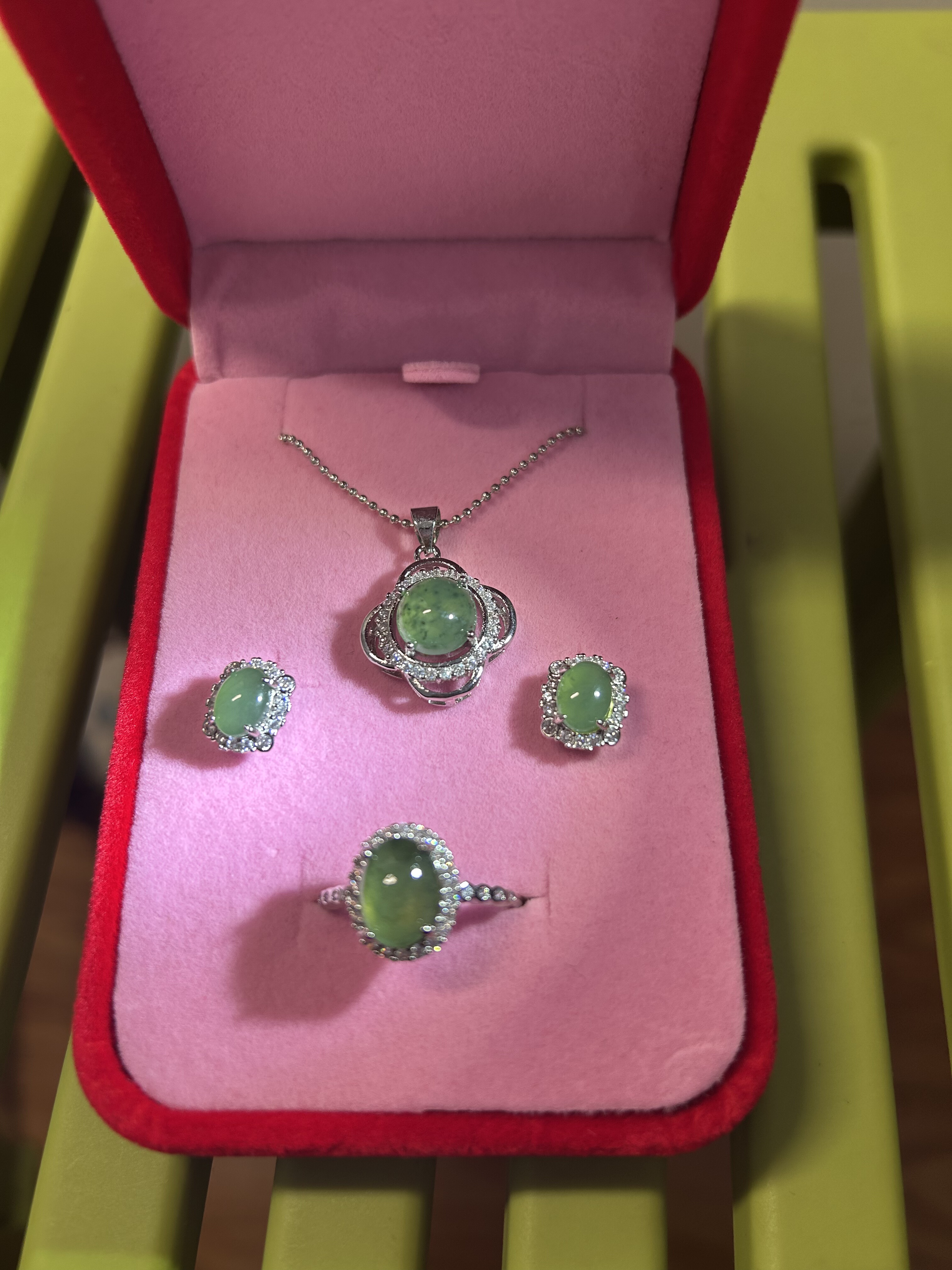 老糯翡翠套装天然A货冰糯种翡翠戒指+项链+耳环三件套复古国风