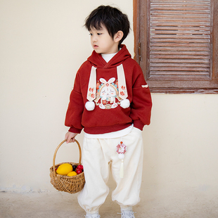 钱兔儿 男童汉服冬装 加绒加厚红色拜年服唐装新年 中式改良套装