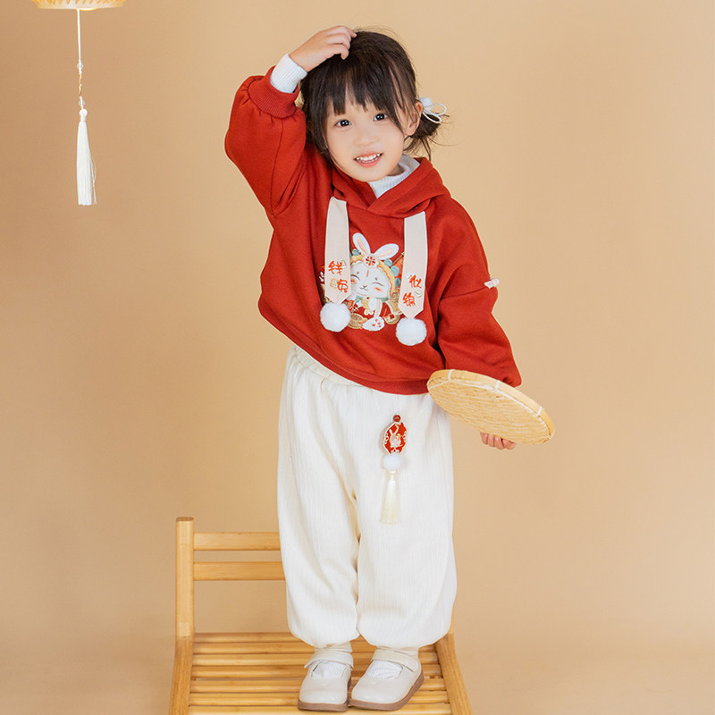 男女童冬装加绒加厚卫衣中国风刺绣汉服新年套装喜庆红色过年唐装