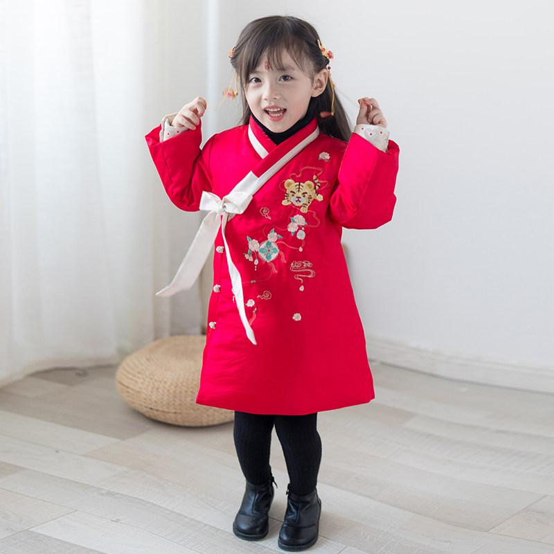 女童汉服棉衣冬款棉袄宝宝古装中长款红色外套中国风原创改良唐装