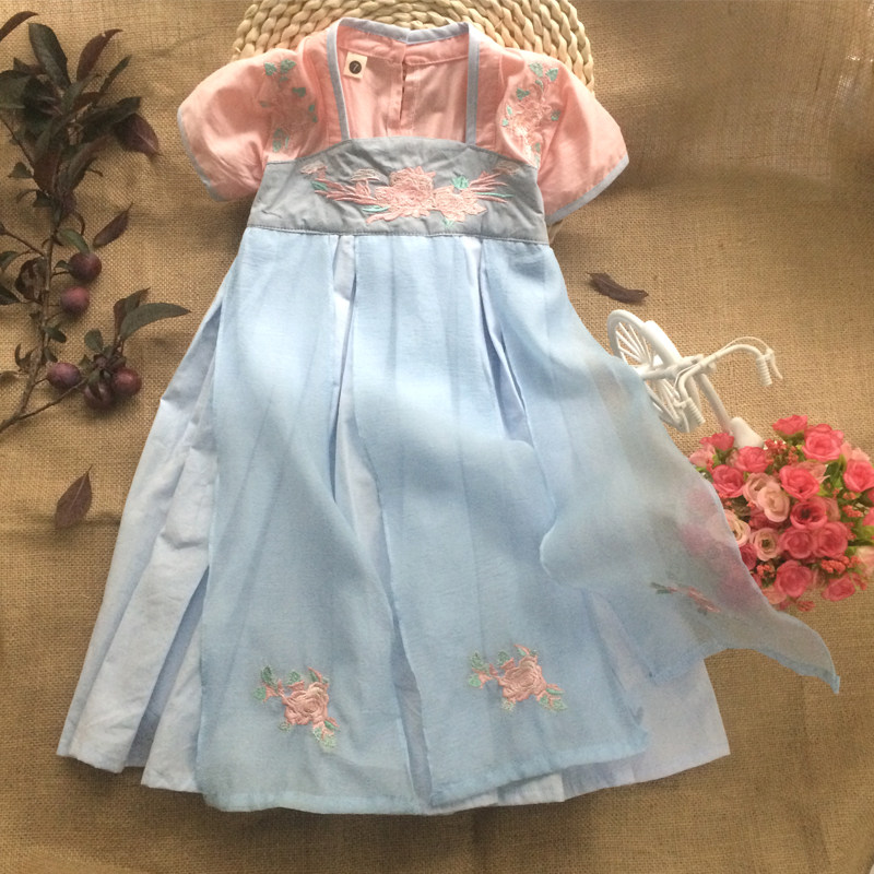 女童汉服齐胸儒裙中国风夏 宝宝古装女童民族服装 夏季汉服连衣裙