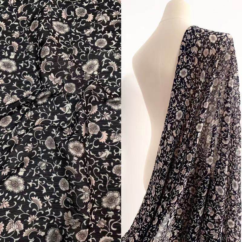 中国风复古花纹顺纡皱雪纺布料柔软垂顺高档夏季服装面料微透