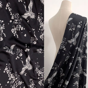 缎面雪纺仙鹤飞舞印花复古布料汉服连衣裙睡衣衬衫面料