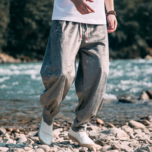 新中式秋季做旧丝光绒休闲小脚裤子男潮中国风宽松大码哈伦小脚裤