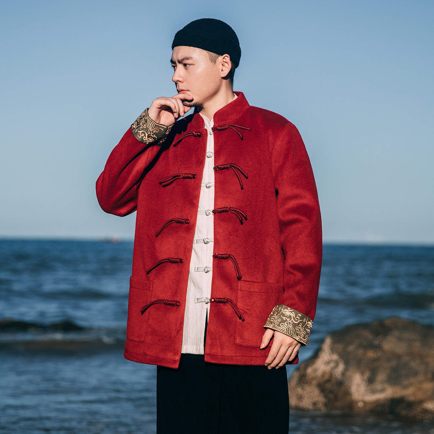 新中式高端红色毛呢外套男秋冬中山装中国风男士夹克立领盘扣唐装,男装,唐装,淘宝优惠券,粉丝福利购,淘宝优惠卷