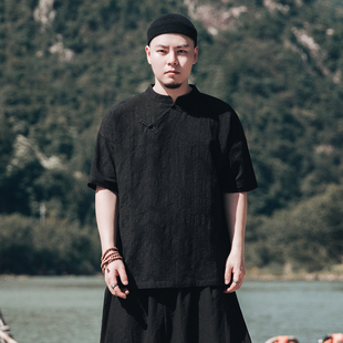 中国风夏季棉麻复古青年短袖衬衫中华立领中山亚麻盘扣衬衣唐装男