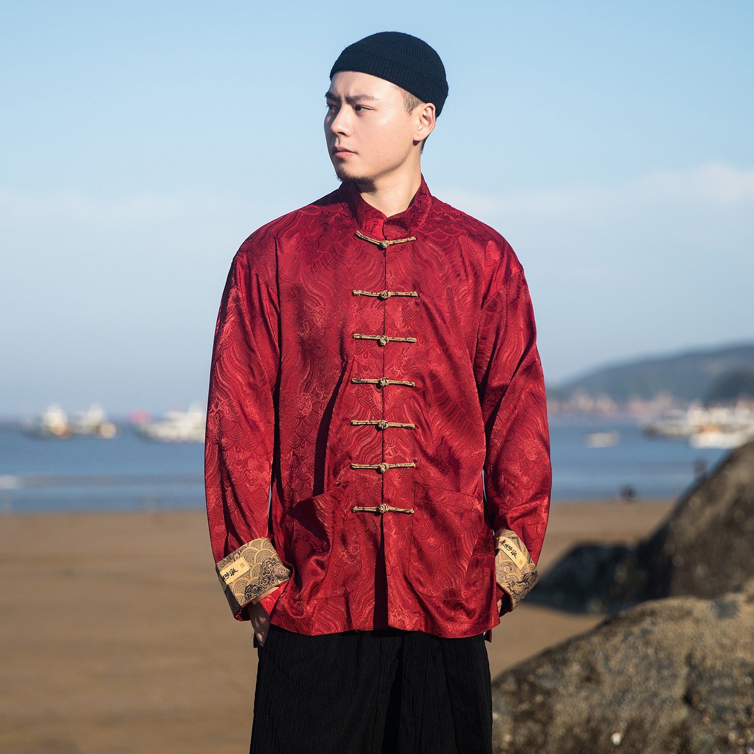 盘扣衬衫男长袖提花中山装外套中国风男装衬衣新中式立领唐装汉服