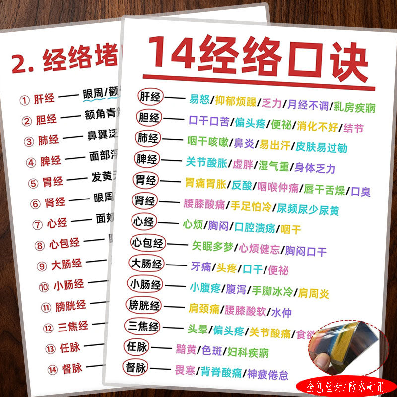 14经络口诀对照表中医经络堵塞症状自查养生参考表宣传单海报塑封