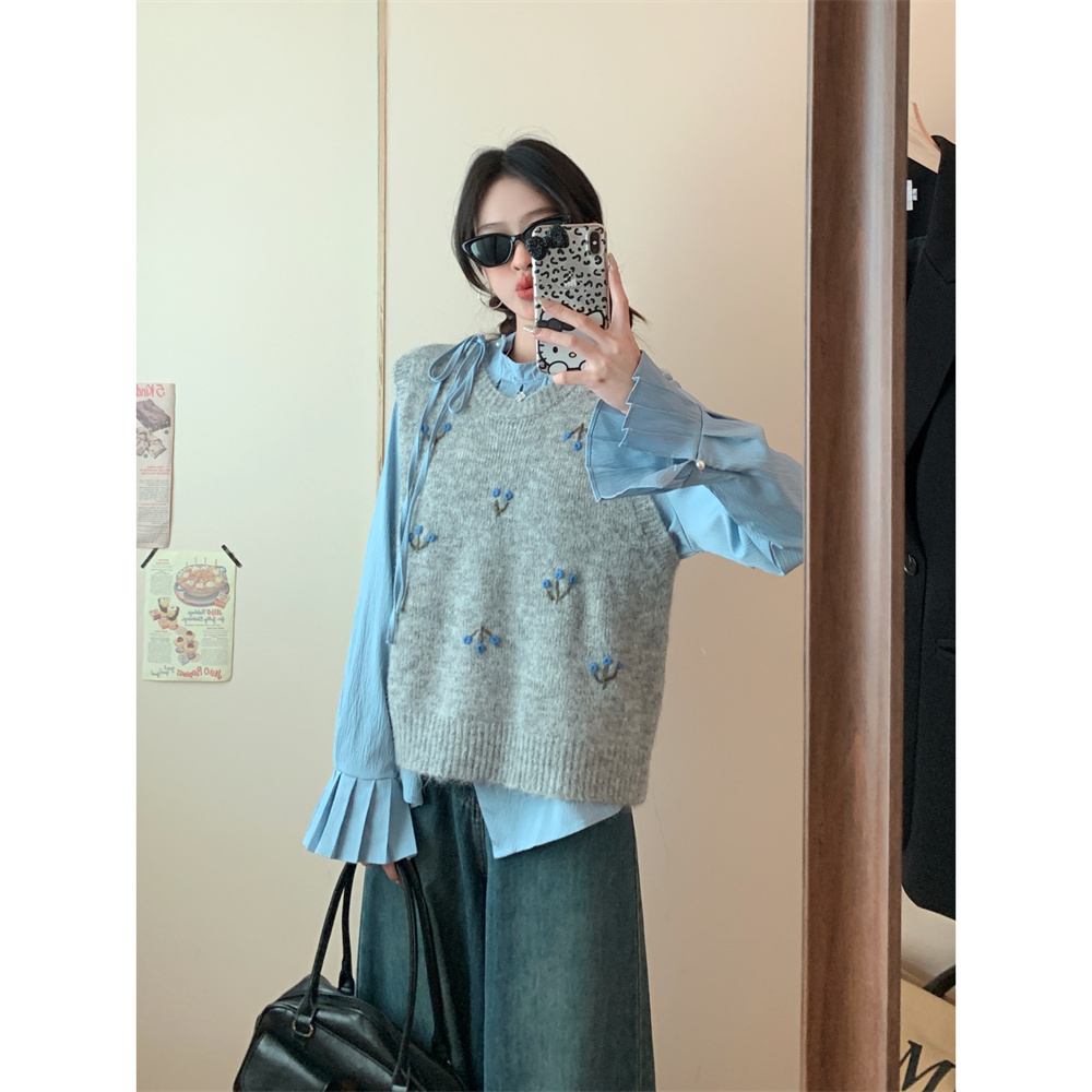 法式设计感系带喇叭袖衬衫女新款刺绣针织马甲背心时尚套装潮