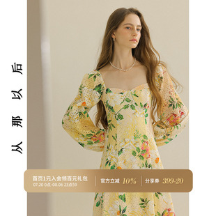 高级感连衣裙海边度假裙子仙女碎花裙方领茶歇长裙女 从那以后法式