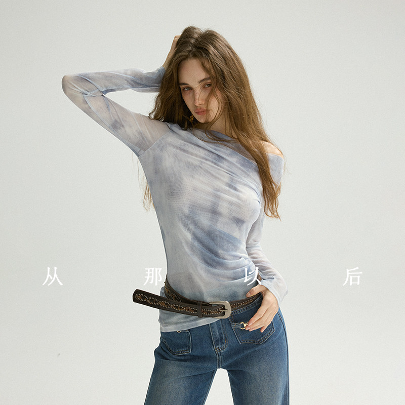 从那以后薄雾鸢尾法式长袖雪纺衫设计感斜肩上衣蓝色高级感打底衫,女装/女士精品,蕾丝衫/雪纺衫,淘宝优惠券,粉丝福利购,淘宝优惠卷