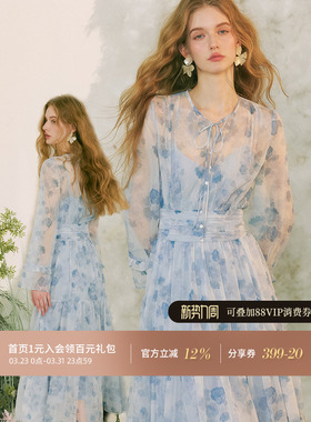 从那以后法式碎花连衣裙春长袖长款长裙仙女裙夏蓝色小裙子女夏日