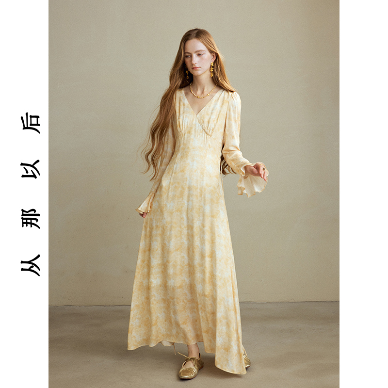 从那以后日落天鹅湖法式复古连衣裙碎花裙长裙高级感长袖裙子女秋