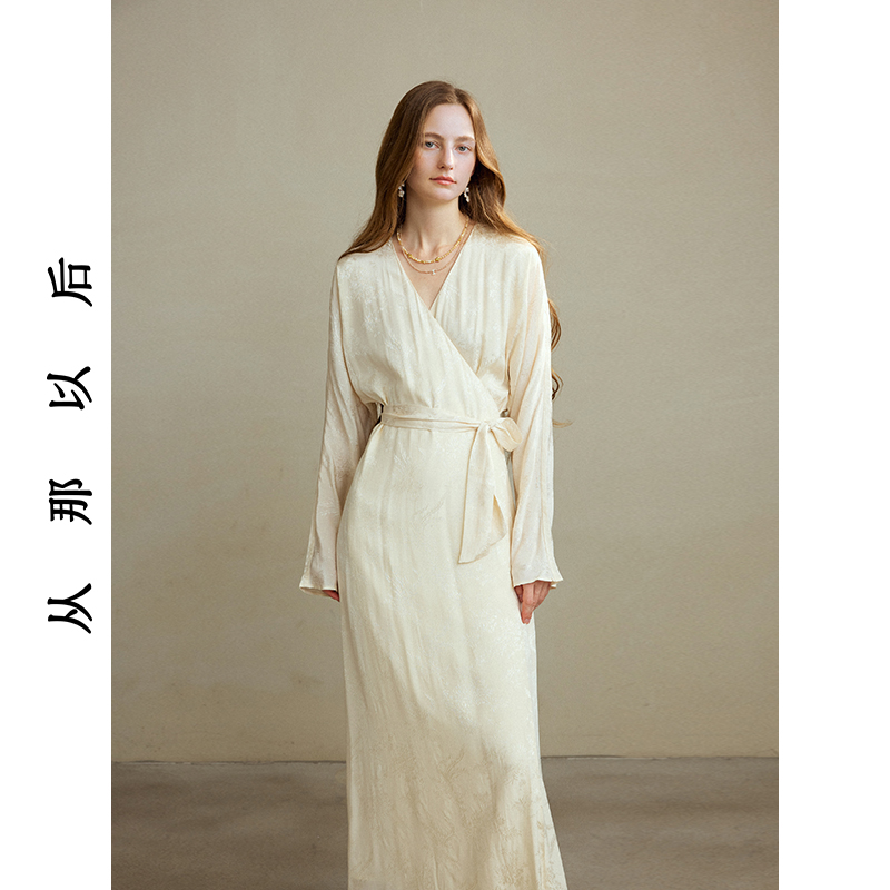 从那以后白色小夜曲法式复古连衣裙系带V领长裙高级感长袖裙子女