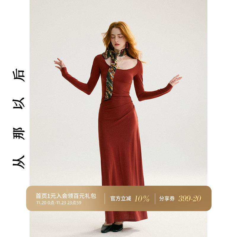 从那以后法式复古连衣裙方领长裙长袖裙子轻礼服设计感穿搭女秋季