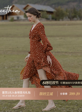 从那以后法式波点碎花裙长袖红色不规则连衣裙复古海边度假长裙女
