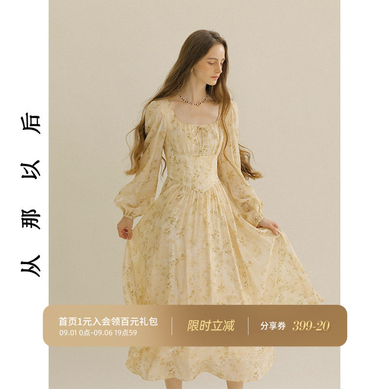 从那以后法式碎花裙方领长裙女图片