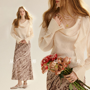 从那以后寺山春线法式宽松雪纺衫荡领荷叶边长袖内搭米色打底衫女