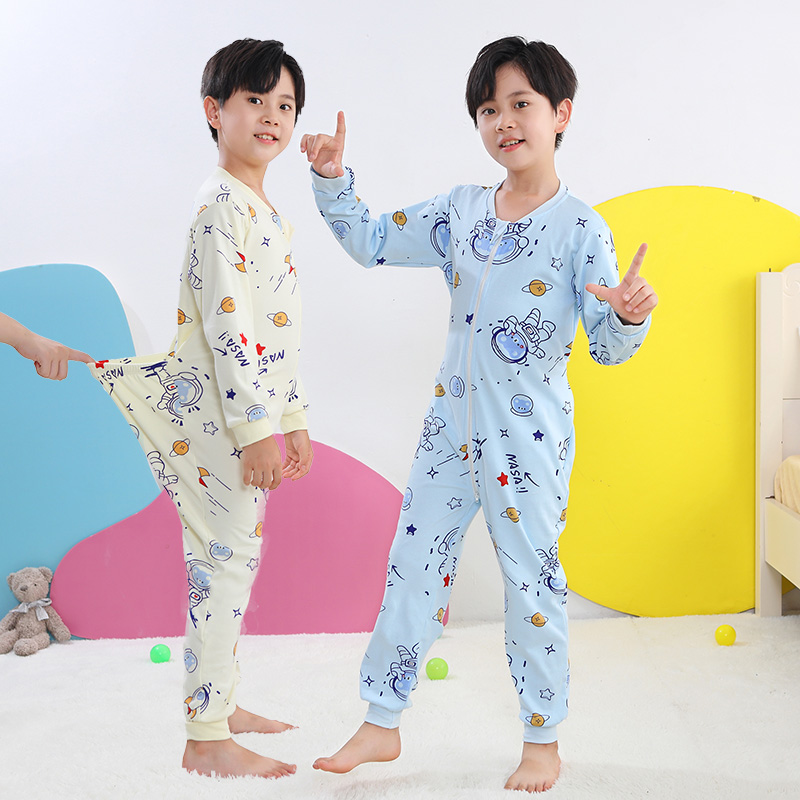 中大童连体衣春秋男孩后腰如厕纯棉空调防踢睡袋儿童连身睡衣女孩