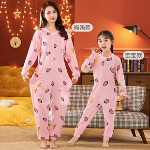 儿童连体衣女童春秋母女亲子装纯棉长袖草莓公主大童大码如厕睡衣