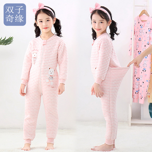 儿童连体睡衣薄棉女童护肚宝宝保暖3男孩大童防踢哈衣夹棉秋冬5-9