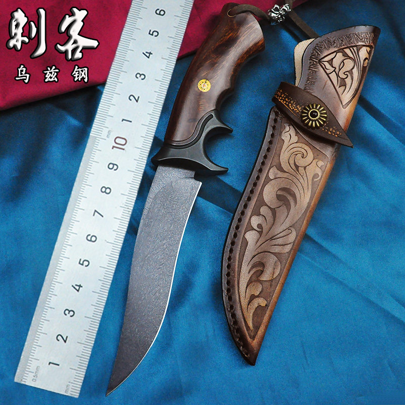 刺客乌兹钢直刀户外刀具镔铁雪花锻打手工刀野外把玩收藏送礼小刀
