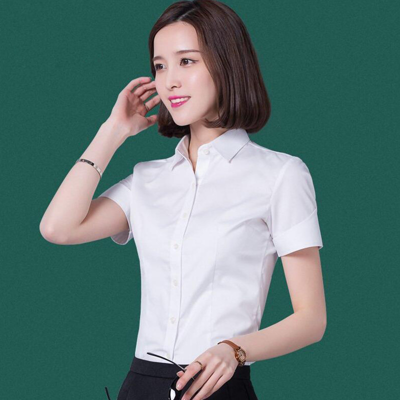 夏装平领短袖衬衫女修身免烫通勤职业装正装女士OL面试白衬衣工装