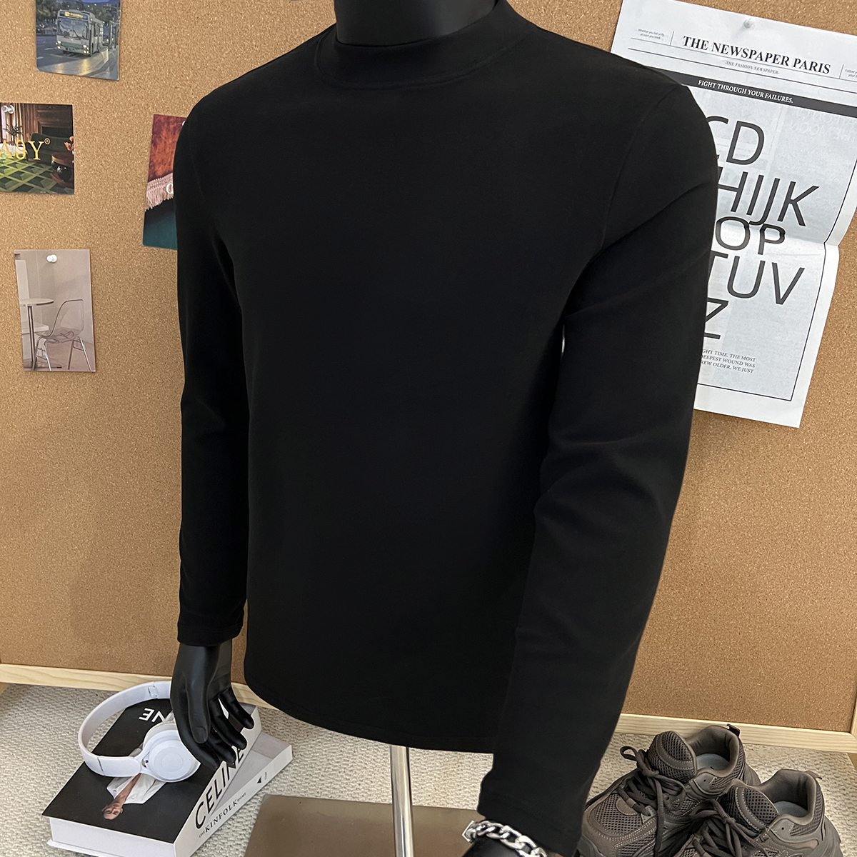 黑色半高领德绒打底衫男款秋冬美式正肩修身长袖t恤痞帅内搭卫衣