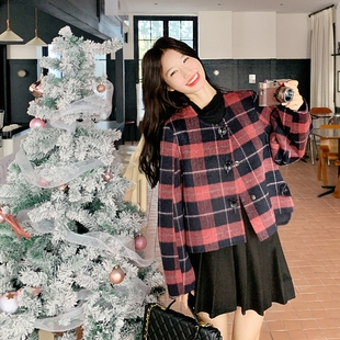 大纽扣红格少女双面羊绒大衣短外套D928 冬季 P230K318 现货 新款