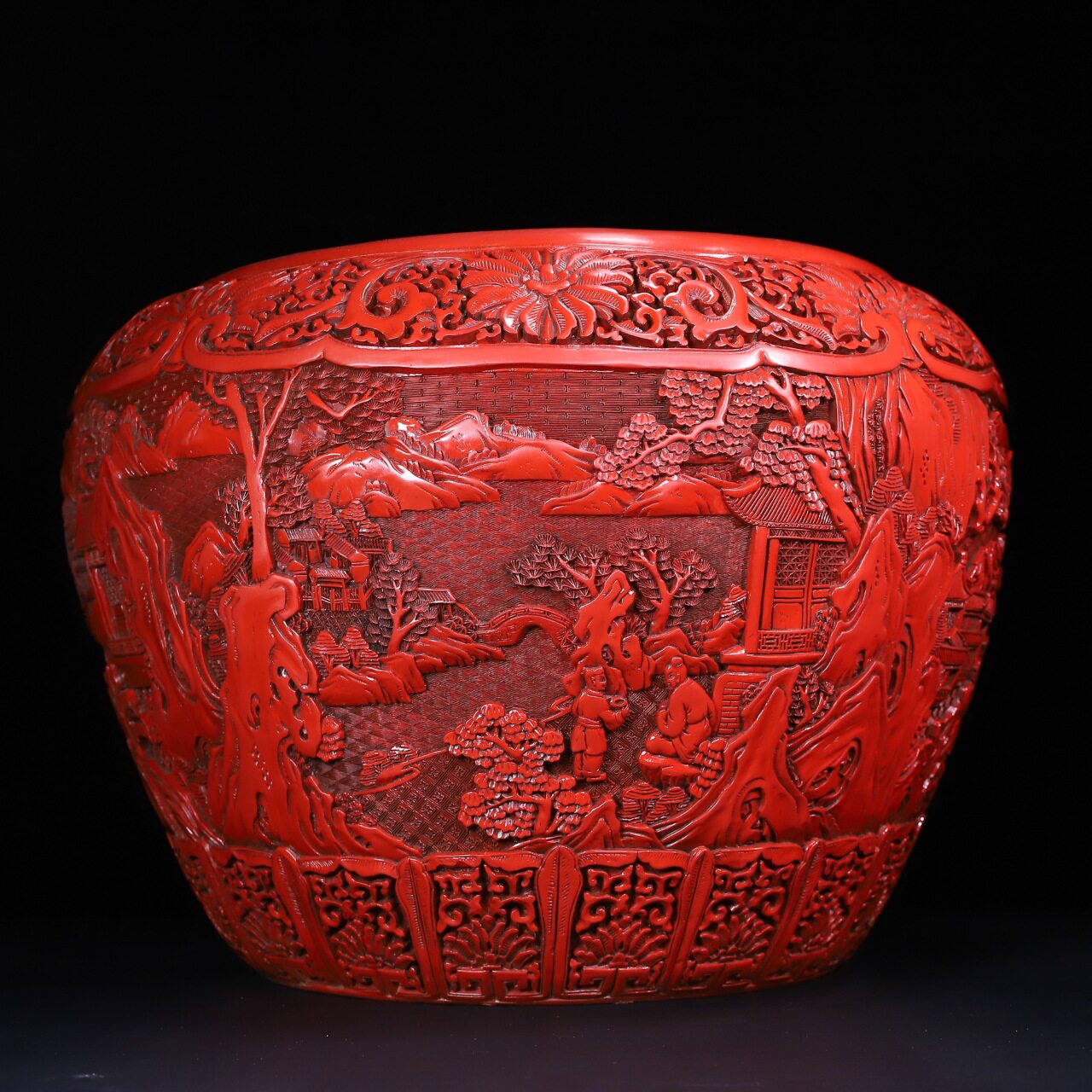 古玩古董杂项老式剔红漆器山水人物画缸文房会所酒店装饰摆件收藏