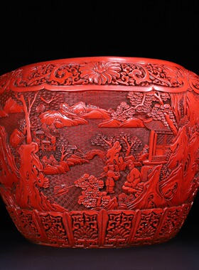 古玩古董杂项老式剔红漆器山水人物画缸文房会所酒店装饰摆件送礼