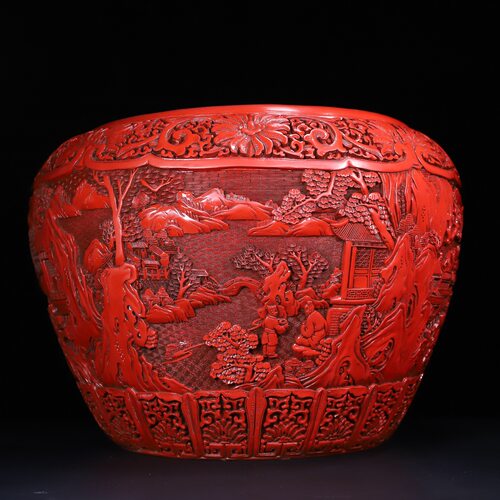 古玩古董杂项老式剔红漆器山水人物画缸文房会所酒店装饰摆件送礼