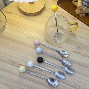 圆球咖啡勺女高颜值塑料柄不锈钢小勺子马克杯勺调羹牛奶搅拌勺