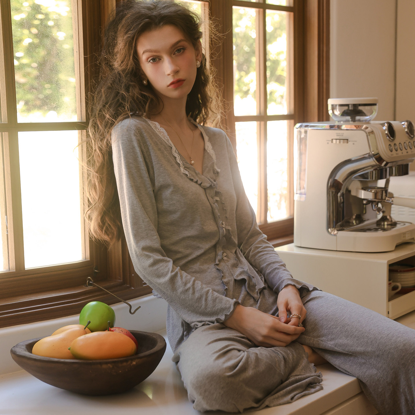 柠檬太太性感睡衣垂感荷叶边法式长袖套头V领睡衣女秋冬长裤套装