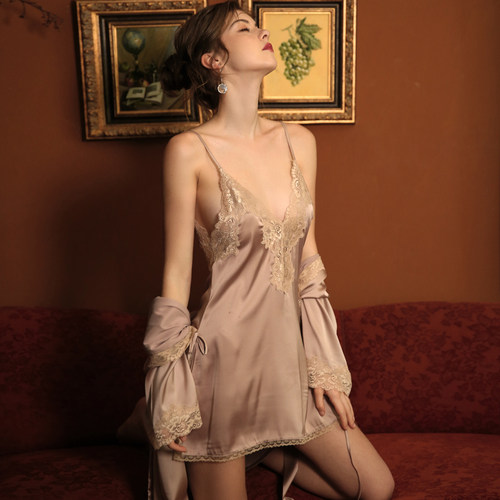 薄款仿真丝系带浴袍家居服