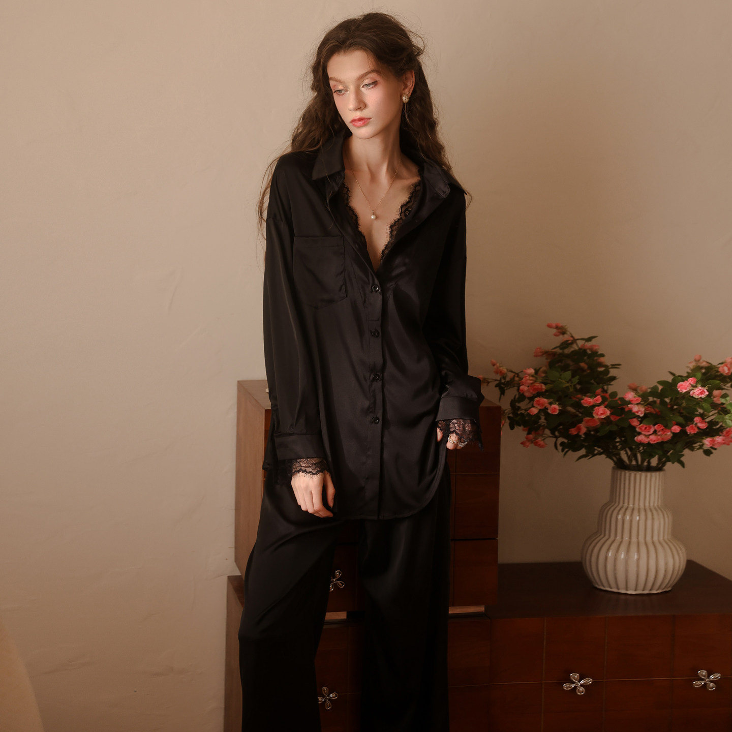 柠檬太太性感白衬衫睡裙纯欲男友风衬衫裙中长款蕾丝长袖睡衣套装