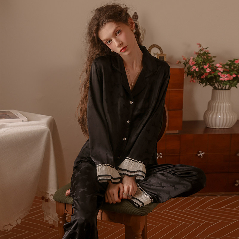 柠檬太太性感睡衣新款V领长袖长裤套装女秋冰丝蝴蝶结印花家居服