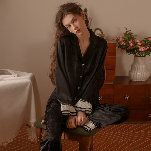 柠檬太太性感睡衣新款V领长袖长裤套装女秋冰丝蝴蝶结印花家居服