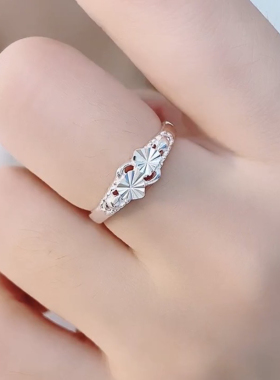 990足银双心戒指纯银个性时尚素细爱心心车花潮简约气质食指指环