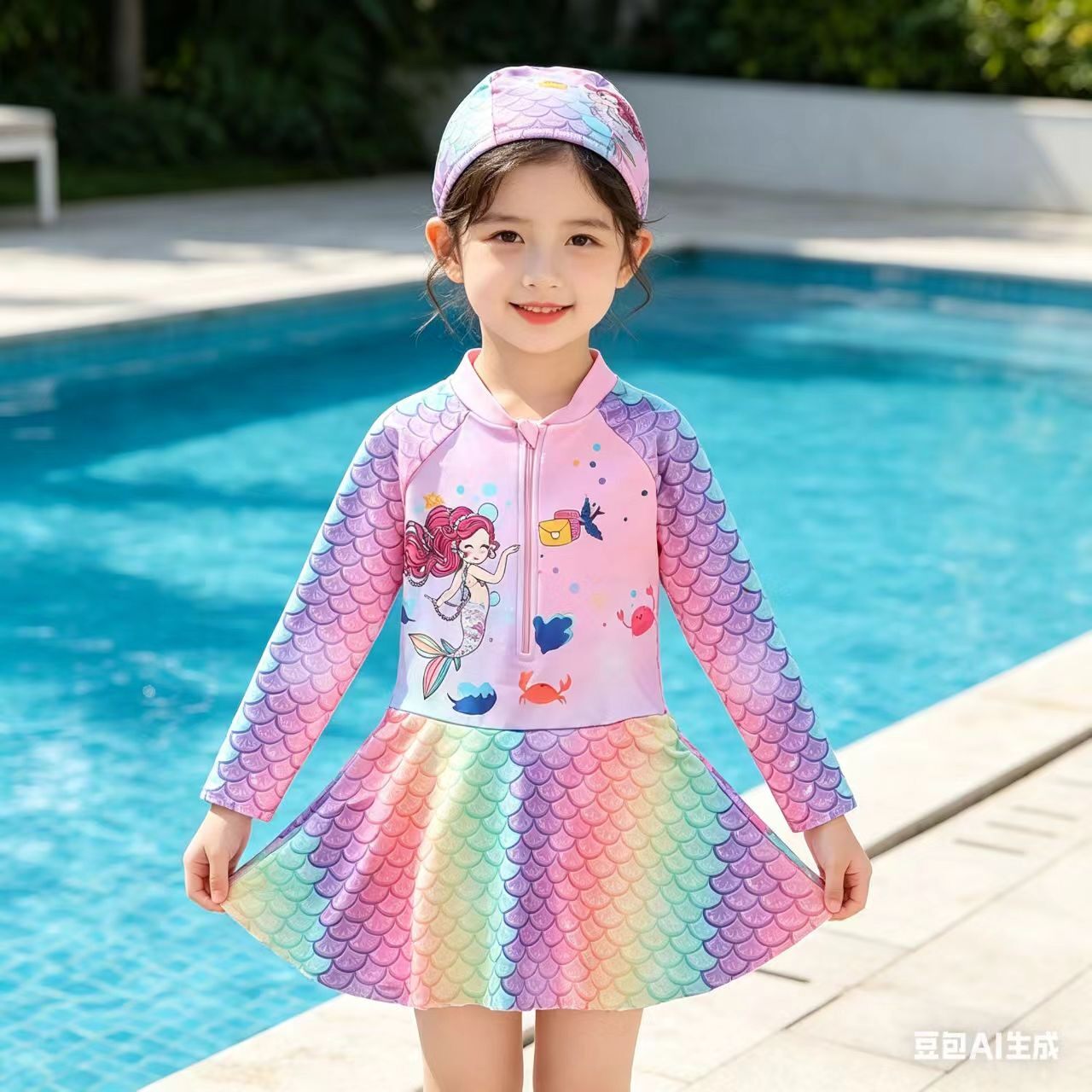 新款儿童泳衣女童连体泳装中大童长袖裙式美人鱼防晒速干女学生游