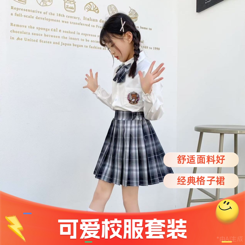 。jk制服儿童女童套装新款儿童秋天裙子洋气格子百褶半身裙短裙套