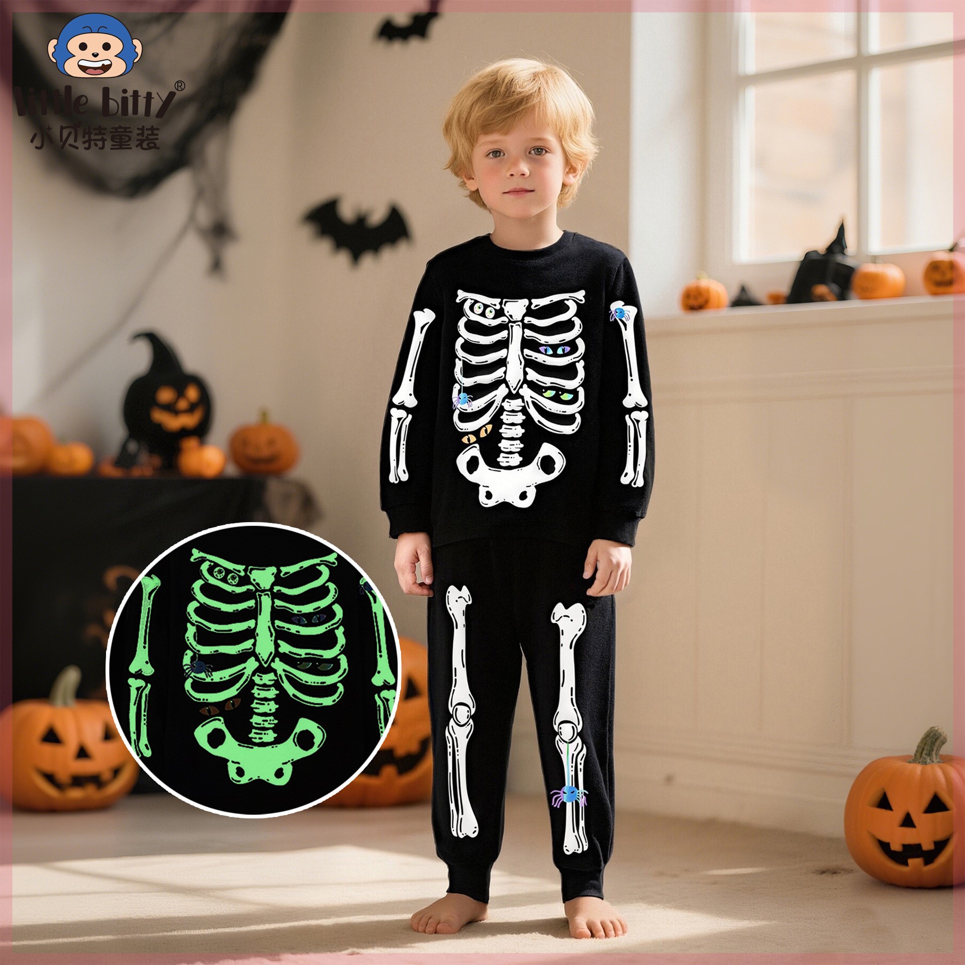纯棉2025秋冬童装万圣节儿童套装长袖长裤家居服夜光印花睡衣服装