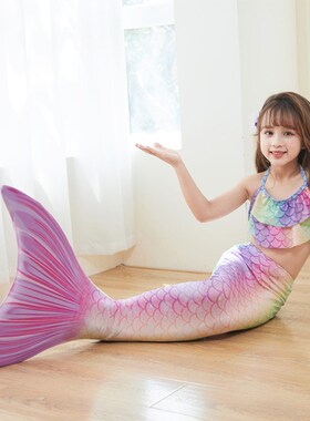 大中小女童公主裙比基尼服装儿童美人鱼泳衣演出泳装三件套鱼尾巴