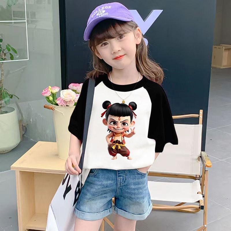 纯棉卡通T恤百搭拼色哪吒上衣男女童圆领韩版洋气中小童短袖夏季