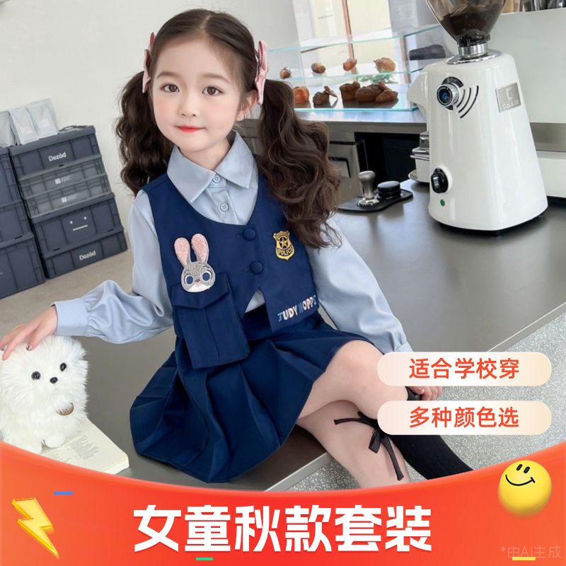 。女童秋款百褶裙jk三件套学院套装2025儿童装宝宝新款兔子衬衫警